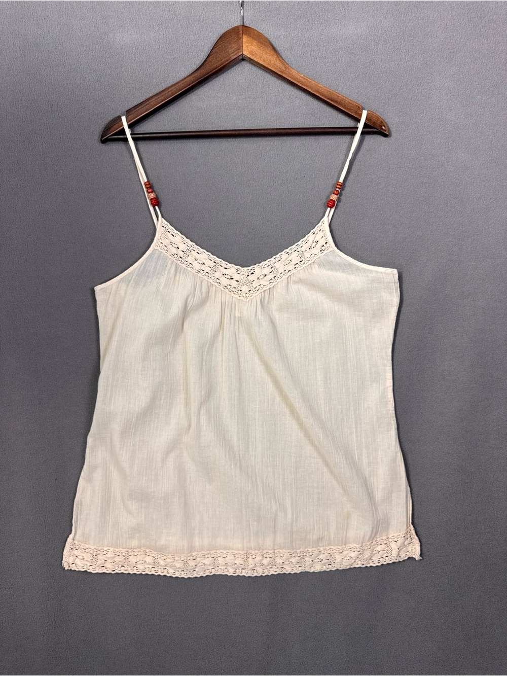 Vintage Y2K Old Navy Cream Crochet Style Lace Trim Cami Top, w/ Beaded Straps, L